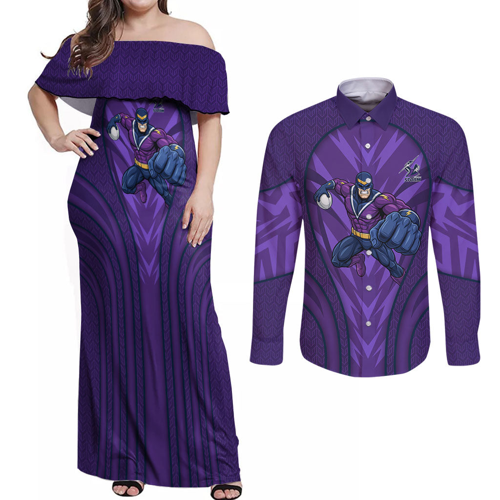 Melbourne Storm Rugby Mascot Couples Matching Off Shoulder Maxi Dress and Long Sleeve Button Shirt Australian Rugby Culture - Tribal Inspired Superhero