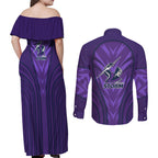 Melbourne Storm Rugby Mascot Couples Matching Off Shoulder Maxi Dress and Long Sleeve Button Shirt Australian Rugby Culture - Tribal Inspired Superhero