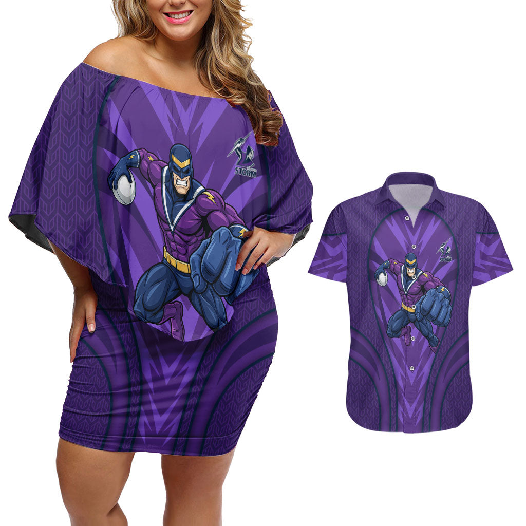 Melbourne Storm Rugby Mascot Couples Matching Off Shoulder Short Dress and Hawaiian Shirt Australian Rugby Culture - Tribal Inspired Superhero