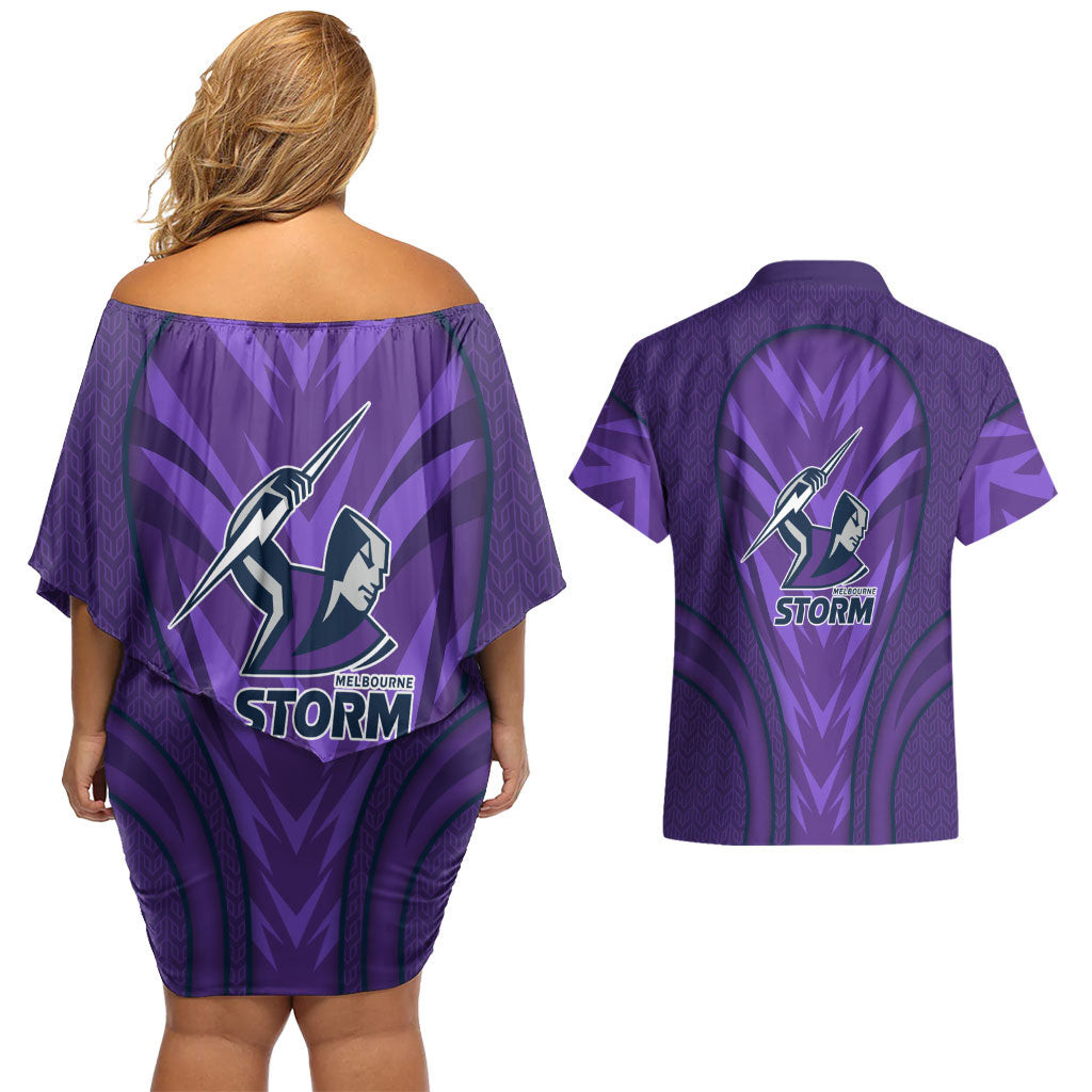 Melbourne Storm Rugby Mascot Couples Matching Off Shoulder Short Dress and Hawaiian Shirt Australian Rugby Culture - Tribal Inspired Superhero