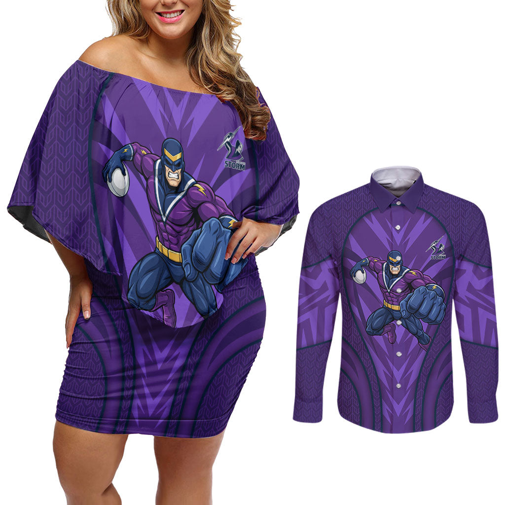 Melbourne Storm Rugby Mascot Couples Matching Off Shoulder Short Dress and Long Sleeve Button Shirt Australian Rugby Culture - Tribal Inspired Superhero