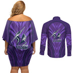 Melbourne Storm Rugby Mascot Couples Matching Off Shoulder Short Dress and Long Sleeve Button Shirt Australian Rugby Culture - Tribal Inspired Superhero