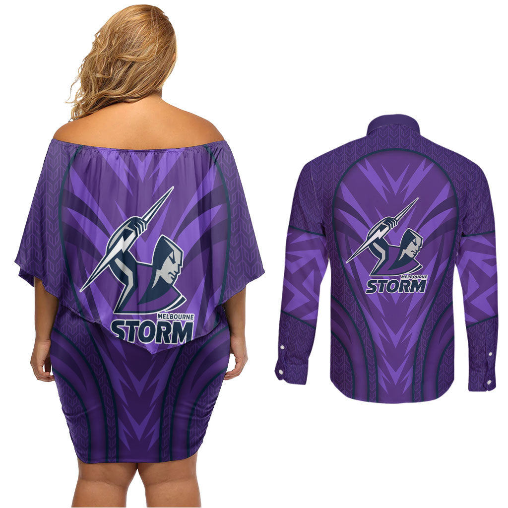 Melbourne Storm Rugby Mascot Couples Matching Off Shoulder Short Dress and Long Sleeve Button Shirt Australian Rugby Culture - Tribal Inspired Superhero