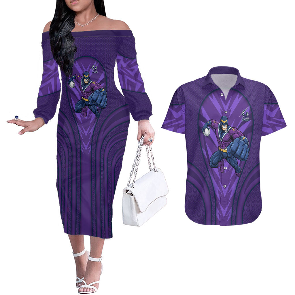 Melbourne Storm Rugby Mascot Couples Matching Off The Shoulder Long Sleeve Dress and Hawaiian Shirt Australian Rugby Culture - Tribal Inspired Superhero