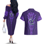 Melbourne Storm Rugby Mascot Couples Matching Off The Shoulder Long Sleeve Dress and Hawaiian Shirt Australian Rugby Culture - Tribal Inspired Superhero