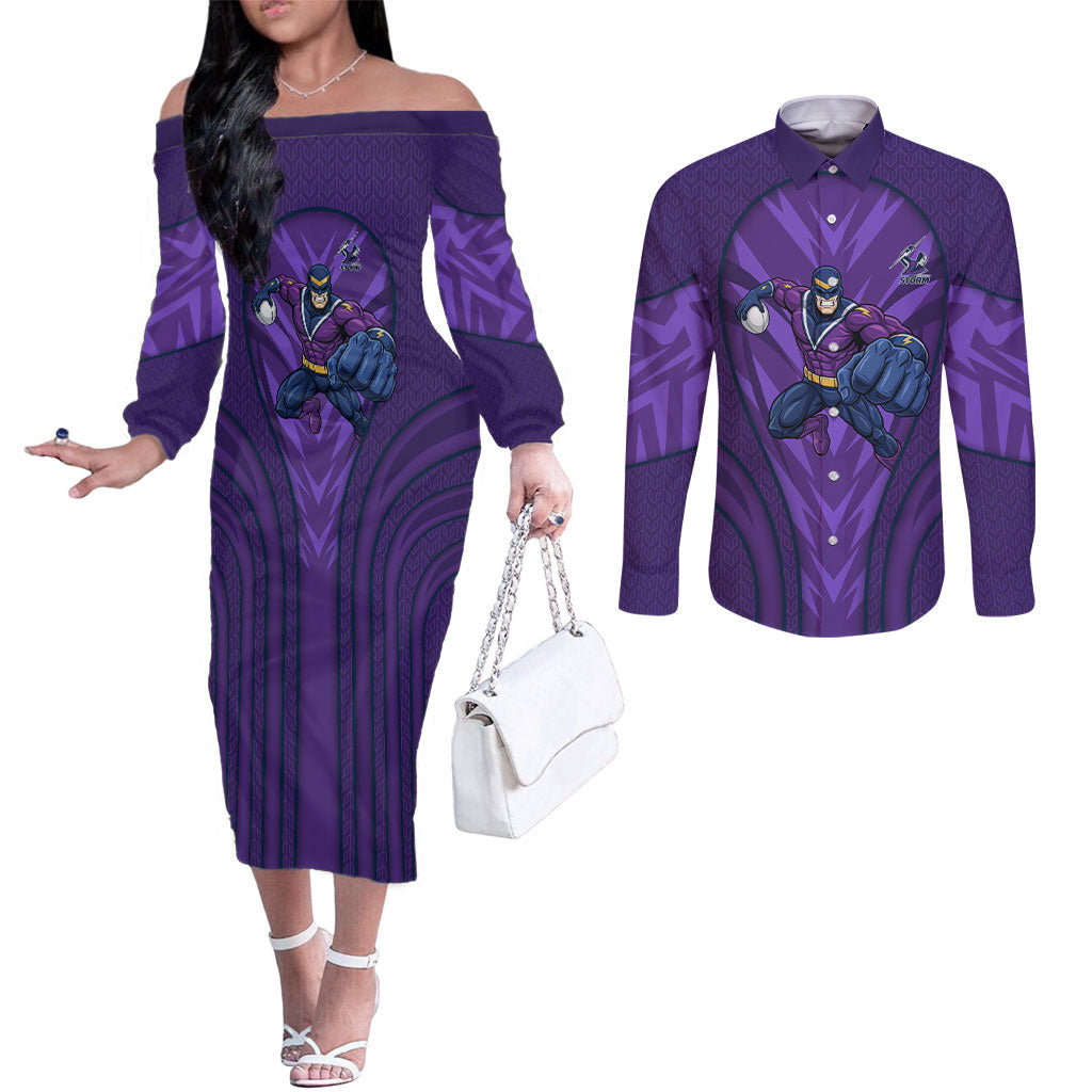 Melbourne Storm Rugby Mascot Couples Matching Off The Shoulder Long Sleeve Dress and Long Sleeve Button Shirt Australian Rugby Culture - Tribal Inspired Superhero