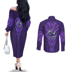 Melbourne Storm Rugby Mascot Couples Matching Off The Shoulder Long Sleeve Dress and Long Sleeve Button Shirt Australian Rugby Culture - Tribal Inspired Superhero