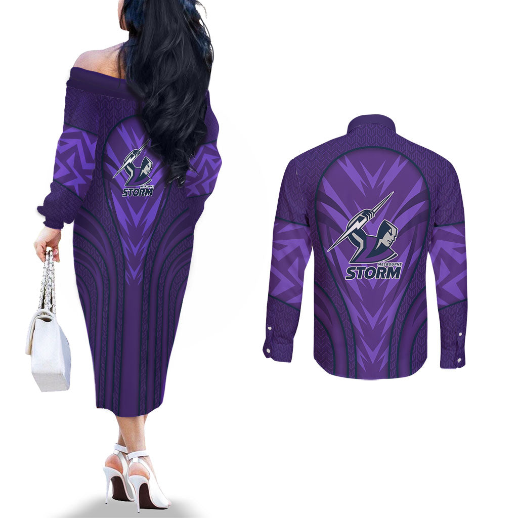 Melbourne Storm Rugby Mascot Couples Matching Off The Shoulder Long Sleeve Dress and Long Sleeve Button Shirt Australian Rugby Culture - Tribal Inspired Superhero