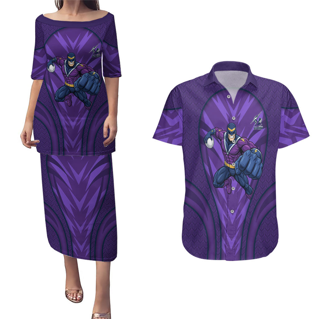 Melbourne Storm Rugby Mascot Couples Matching Puletasi and Hawaiian Shirt Australian Rugby Culture - Tribal Inspired Superhero