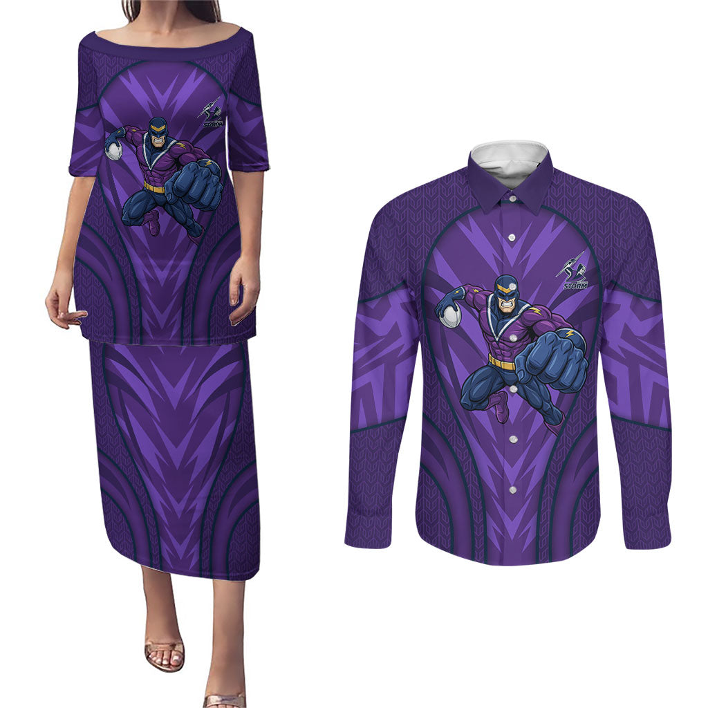 Melbourne Storm Rugby Mascot Couples Matching Puletasi and Long Sleeve Button Shirt Australian Rugby Culture - Tribal Inspired Superhero