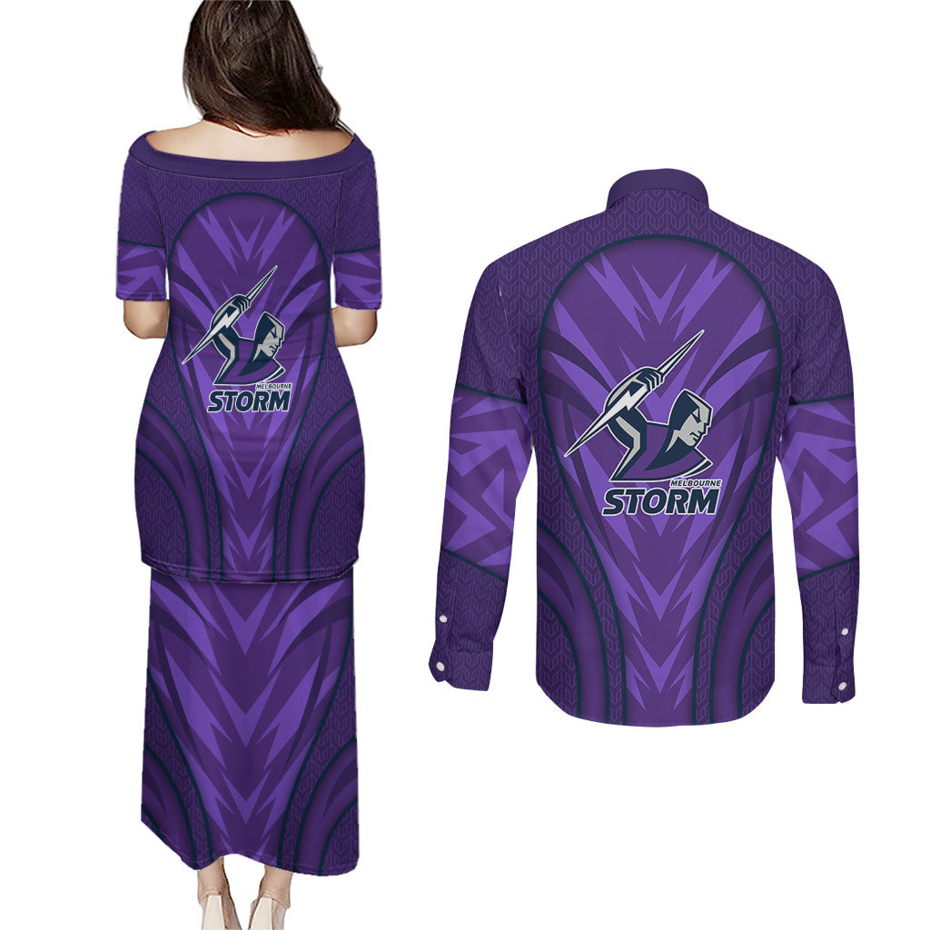 Melbourne Storm Rugby Mascot Couples Matching Puletasi and Long Sleeve Button Shirt Australian Rugby Culture - Tribal Inspired Superhero