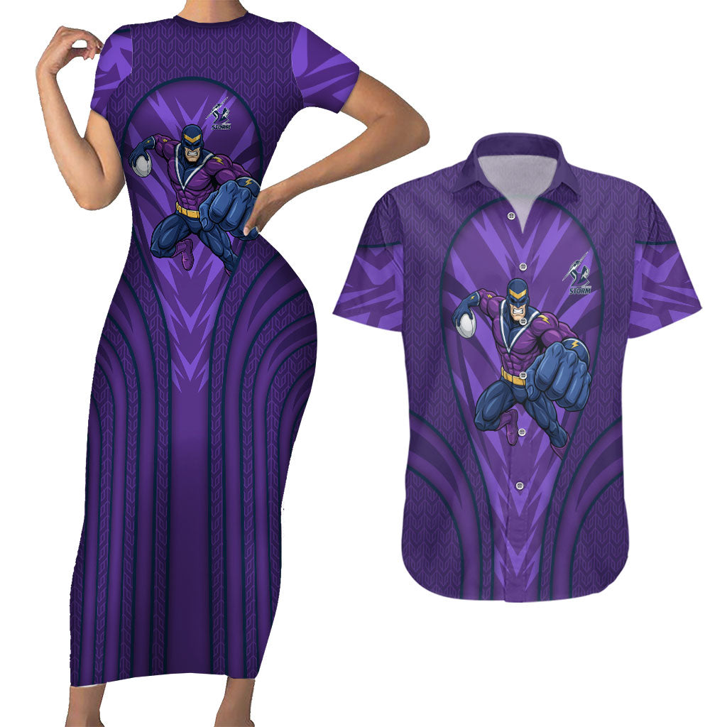 Melbourne Storm Rugby Mascot Couples Matching Short Sleeve Bodycon Dress and Hawaiian Shirt Australian Rugby Culture - Tribal Inspired Superhero