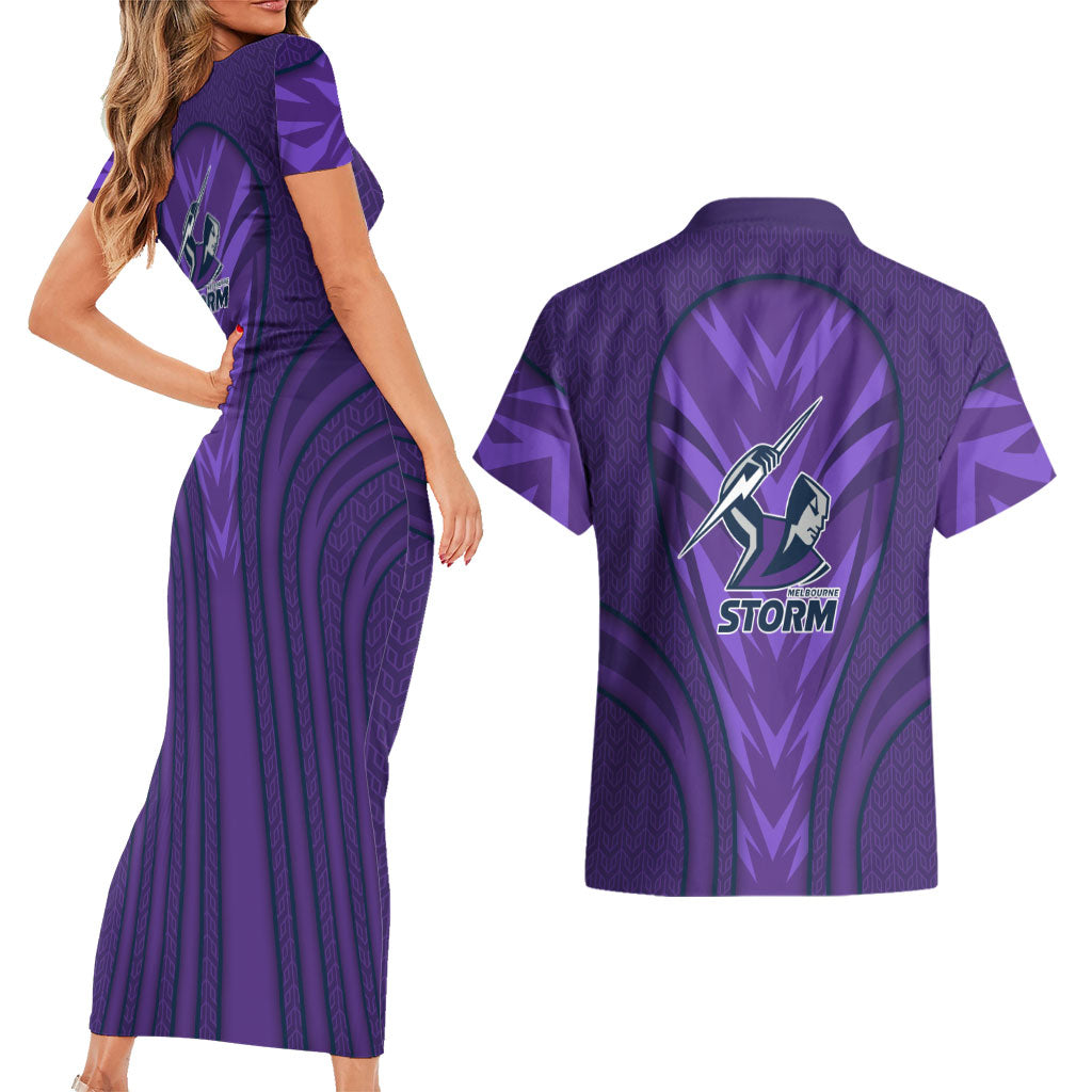 Melbourne Storm Rugby Mascot Couples Matching Short Sleeve Bodycon Dress and Hawaiian Shirt Australian Rugby Culture - Tribal Inspired Superhero