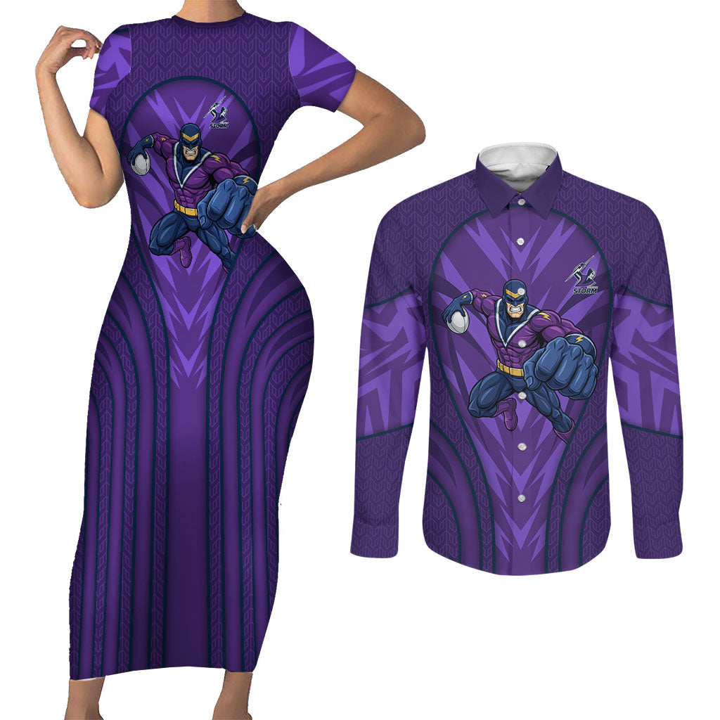 Melbourne Storm Rugby Mascot Couples Matching Short Sleeve Bodycon Dress and Long Sleeve Button Shirt Australian Rugby Culture - Tribal Inspired Superhero