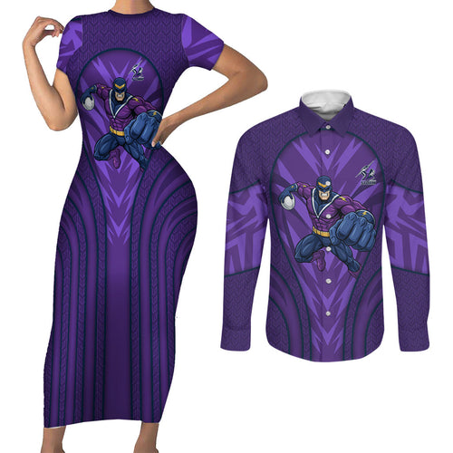 Melbourne Storm Rugby Mascot Couples Matching Short Sleeve Bodycon Dress and Long Sleeve Button Shirt Australian Rugby Culture - Tribal Inspired Superhero