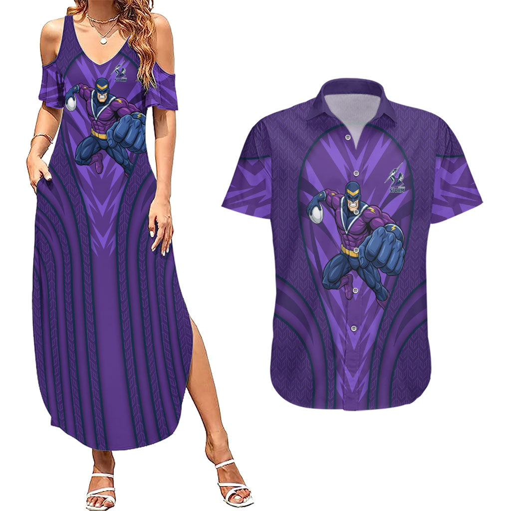 Melbourne Storm Rugby Mascot Couples Matching Summer Maxi Dress and Hawaiian Shirt Australian Rugby Culture - Tribal Inspired Superhero