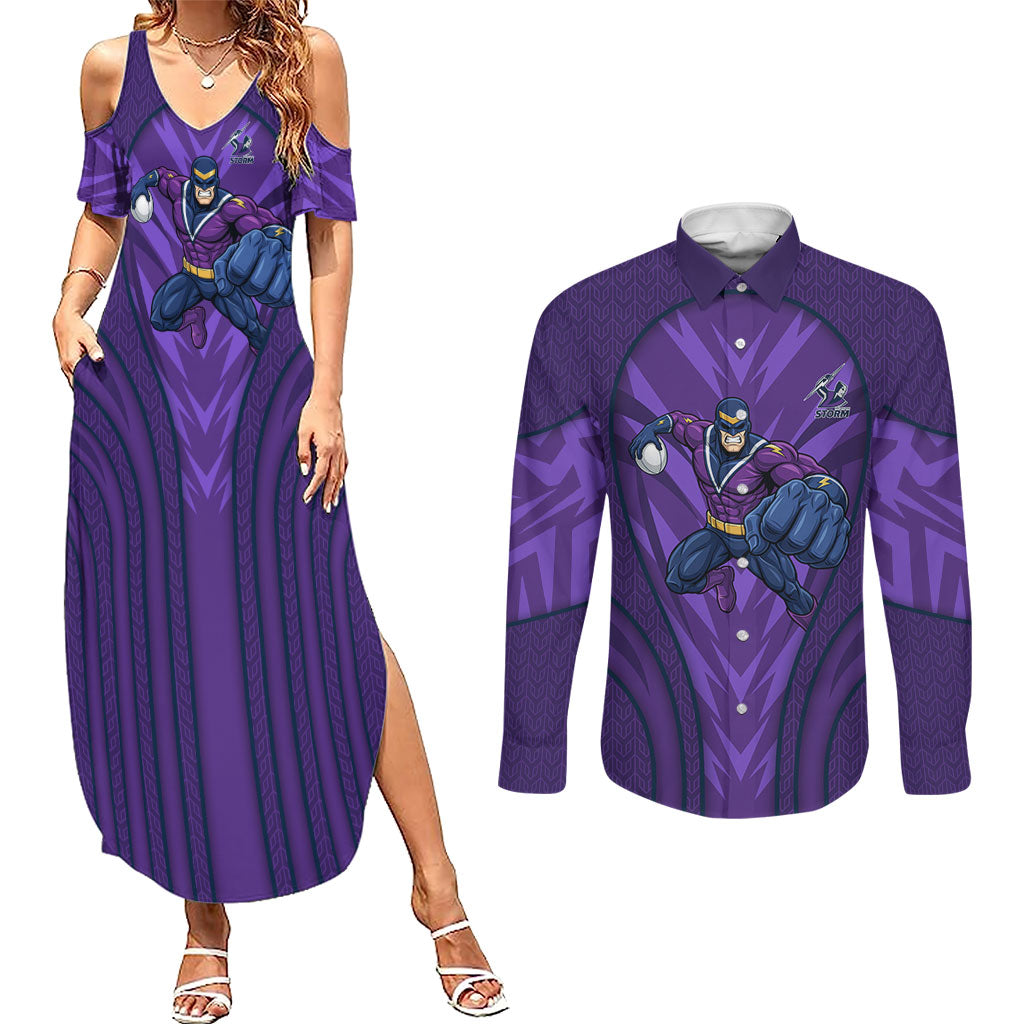 Melbourne Storm Rugby Mascot Couples Matching Summer Maxi Dress and Long Sleeve Button Shirt Australian Rugby Culture - Tribal Inspired Superhero