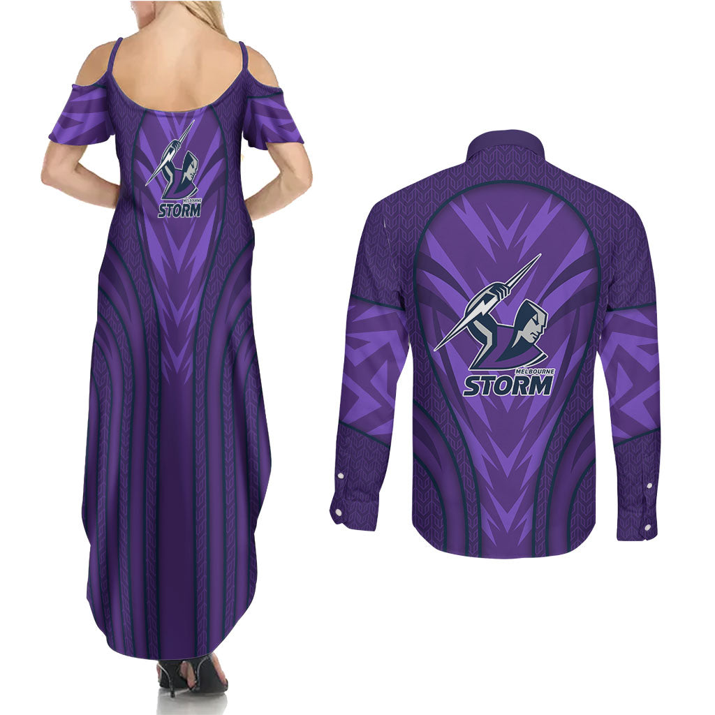 Melbourne Storm Rugby Mascot Couples Matching Summer Maxi Dress and Long Sleeve Button Shirt Australian Rugby Culture - Tribal Inspired Superhero