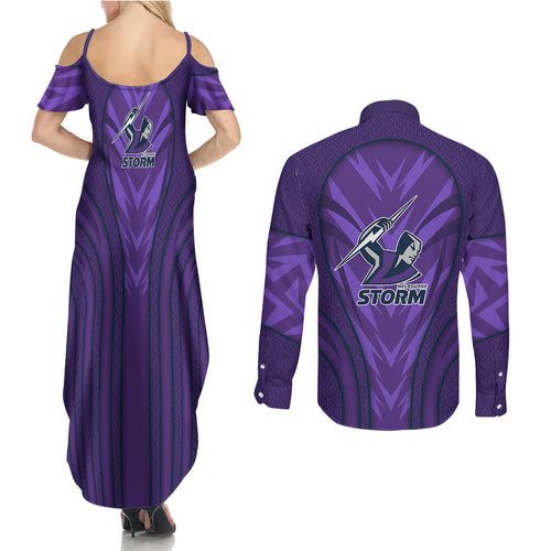 Melbourne Storm Rugby Mascot Couples Matching Summer Maxi Dress and Long Sleeve Button Shirt Australian Rugby Culture - Tribal Inspired Superhero