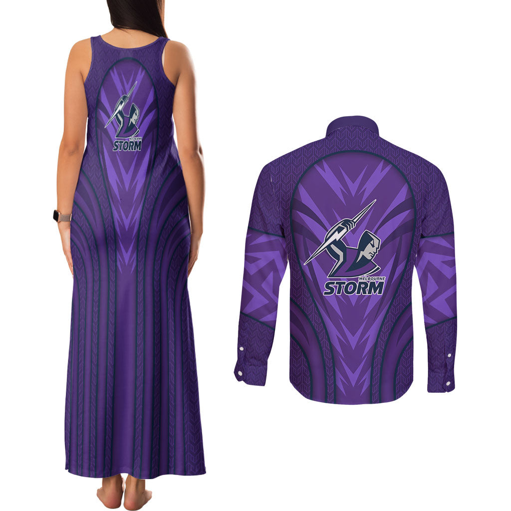 Melbourne Storm Rugby Mascot Couples Matching Tank Maxi Dress and Long Sleeve Button Shirt Australian Rugby Culture - Tribal Inspired Superhero