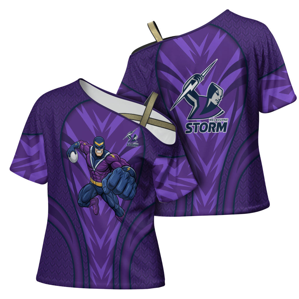Melbourne Storm Rugby Mascot Cross Shoulder Shirt Australian Rugby Culture - Tribal Inspired Superhero