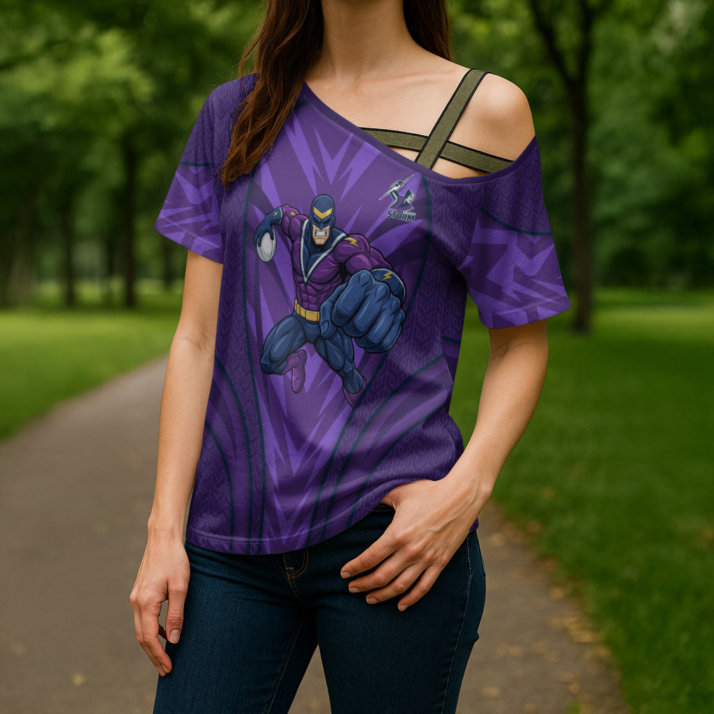 Melbourne Storm Rugby Mascot Cross Shoulder Shirt Australian Rugby Culture - Tribal Inspired Superhero