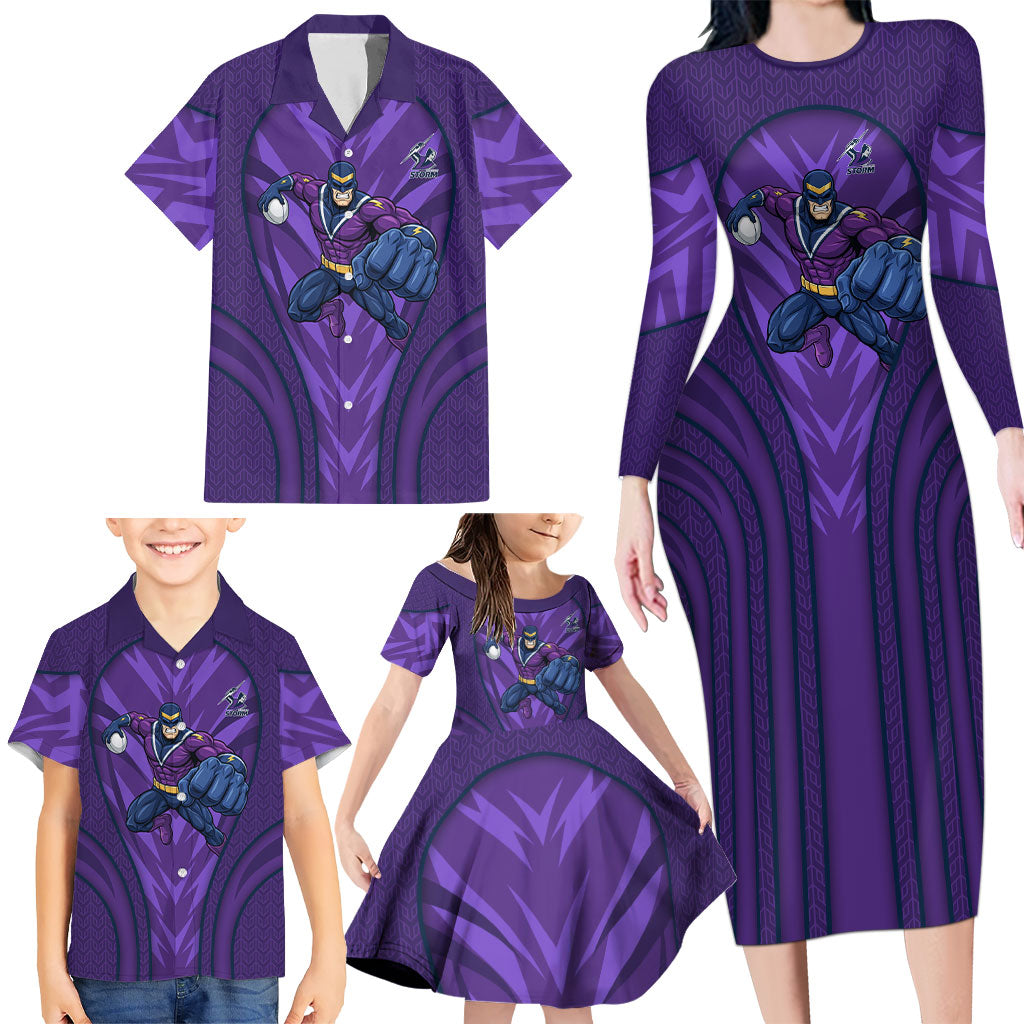Melbourne Storm Rugby Mascot Family Matching Long Sleeve Bodycon Dress and Hawaiian Shirt Australian Rugby Culture - Tribal Inspired Superhero