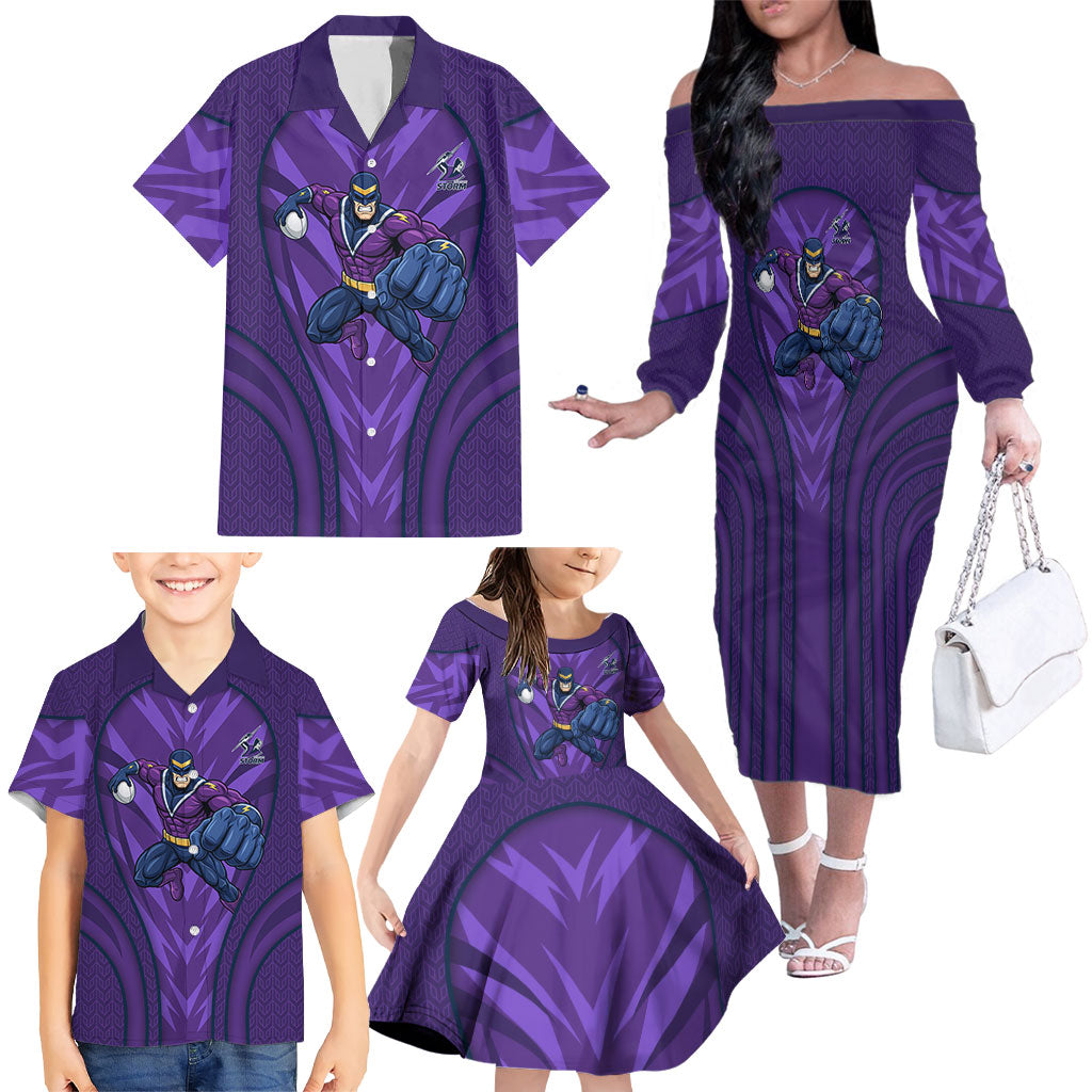 Melbourne Storm Rugby Mascot Family Matching Off The Shoulder Long Sleeve Dress and Hawaiian Shirt Australian Rugby Culture - Tribal Inspired Superhero