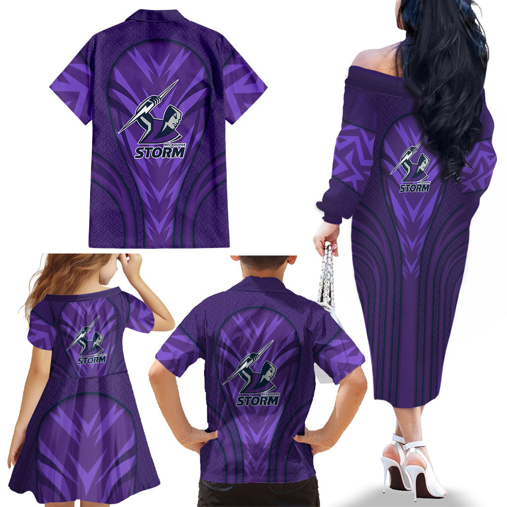 Melbourne Storm Rugby Mascot Family Matching Off The Shoulder Long Sleeve Dress and Hawaiian Shirt Australian Rugby Culture - Tribal Inspired Superhero