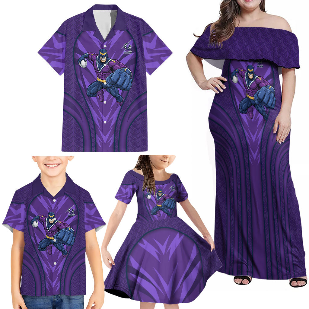 Melbourne Storm Rugby Mascot Family Matching Off Shoulder Maxi Dress and Hawaiian Shirt Australian Rugby Culture - Tribal Inspired Superhero