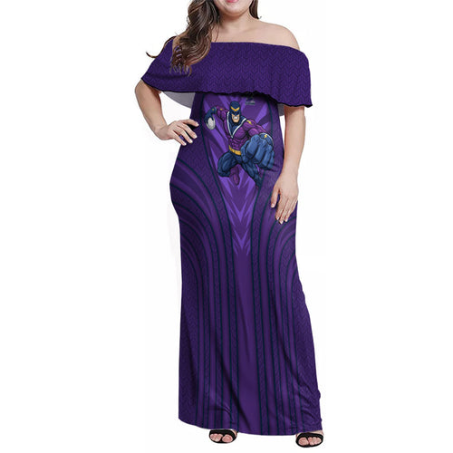 Melbourne Storm Rugby Mascot Family Matching Off Shoulder Maxi Dress and Hawaiian Shirt Australian Rugby Culture - Tribal Inspired Superhero
