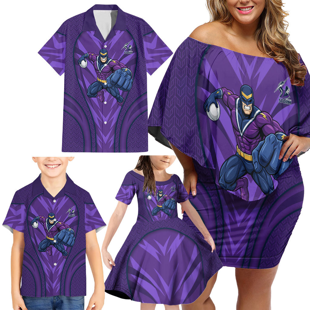 Melbourne Storm Rugby Mascot Family Matching Off Shoulder Short Dress and Hawaiian Shirt Australian Rugby Culture - Tribal Inspired Superhero