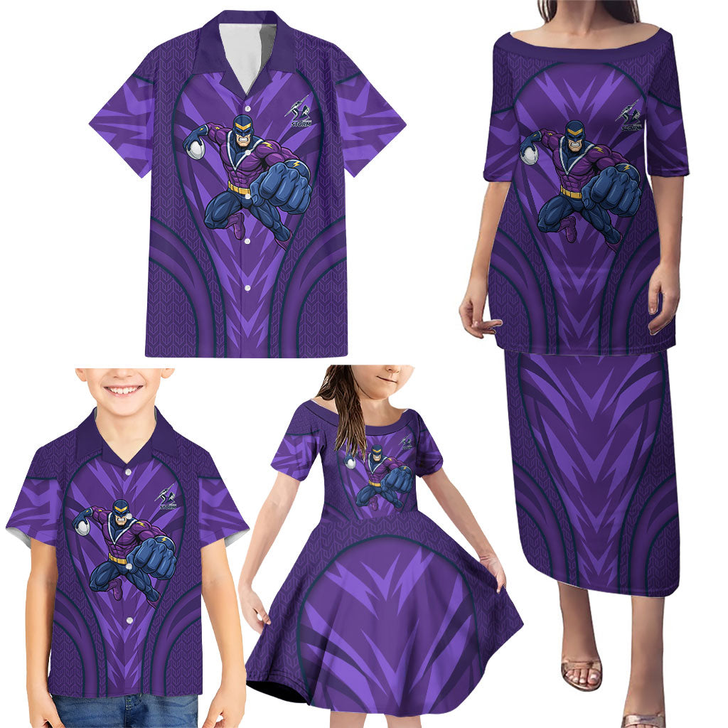 Melbourne Storm Rugby Mascot Family Matching Puletasi and Hawaiian Shirt Australian Rugby Culture - Tribal Inspired Superhero