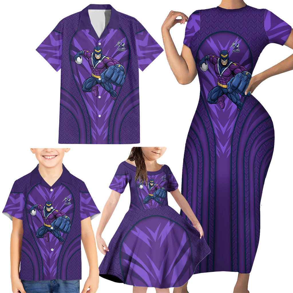 Melbourne Storm Rugby Mascot Family Matching Short Sleeve Bodycon Dress and Hawaiian Shirt Australian Rugby Culture - Tribal Inspired Superhero