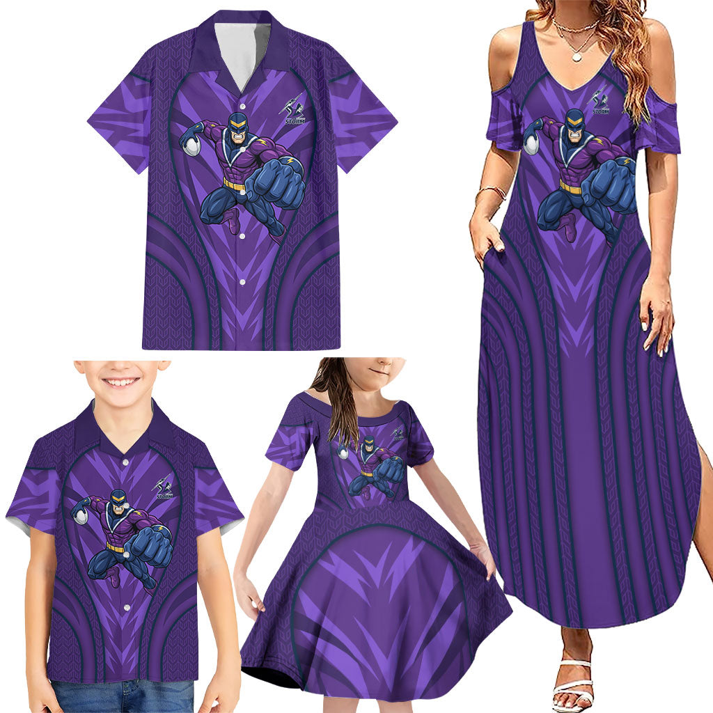 Melbourne Storm Rugby Mascot Family Matching Summer Maxi Dress and Hawaiian Shirt Australian Rugby Culture - Tribal Inspired Superhero