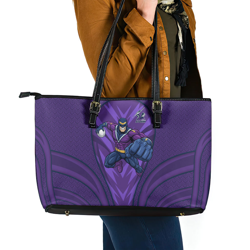Melbourne Storm Rugby Mascot Leather Tote Bag Australian Rugby Culture - Tribal Inspired Superhero