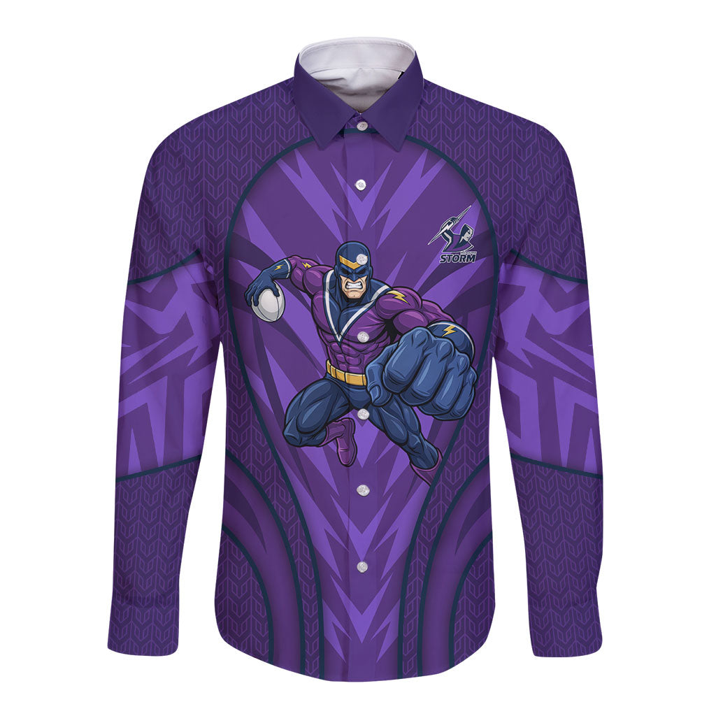 Melbourne Storm Rugby Mascot Long Sleeve Button Shirt Australian Rugby Culture - Tribal Inspired Superhero