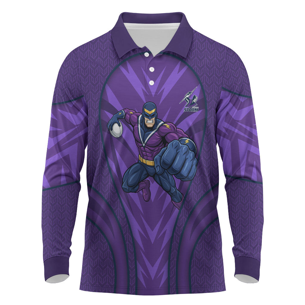 Melbourne Storm Rugby Mascot Long Sleeve Polo Shirt Australian Rugby Culture - Tribal Inspired Superhero