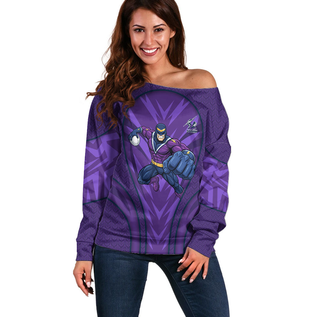 Melbourne Storm Rugby Mascot Off Shoulder Sweater Australian Rugby Culture - Tribal Inspired Superhero