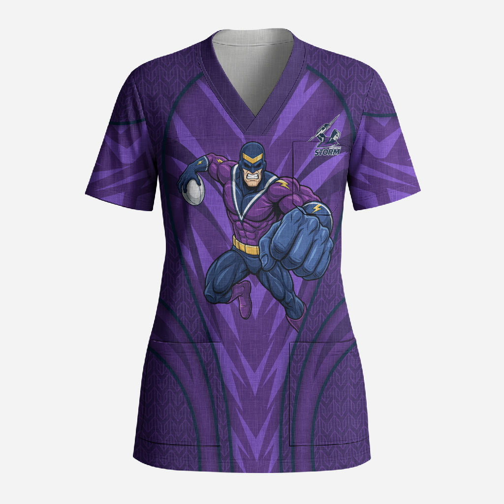 Melbourne Storm Rugby Mascot Scrub Top Australian Rugby Culture - Tribal Inspired Superhero