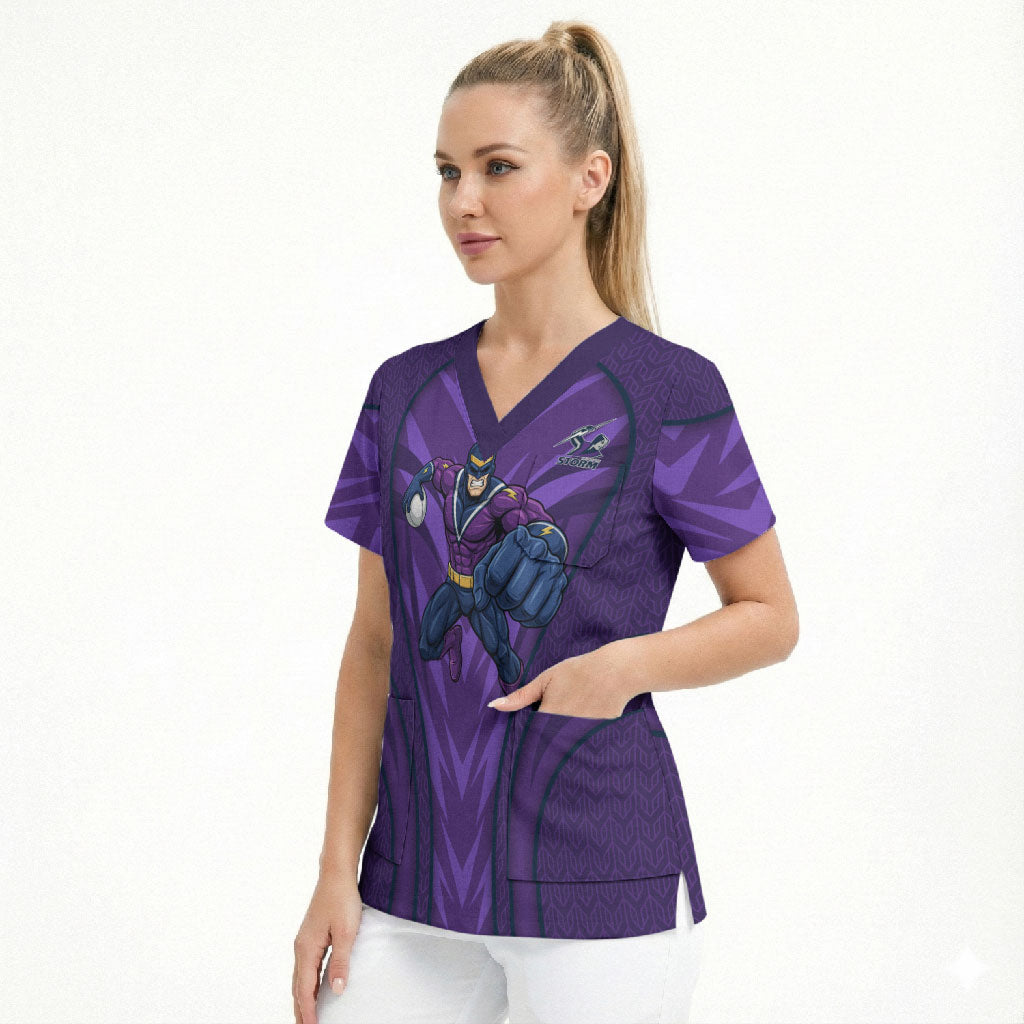 Melbourne Storm Rugby Mascot Scrub Top Australian Rugby Culture - Tribal Inspired Superhero