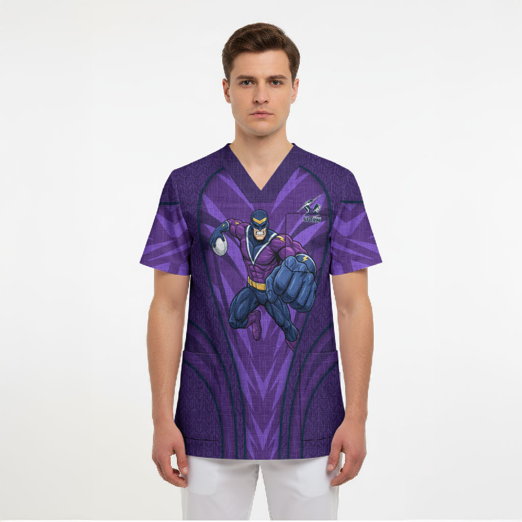 Melbourne Storm Rugby Mascot Scrub Top Australian Rugby Culture - Tribal Inspired Superhero