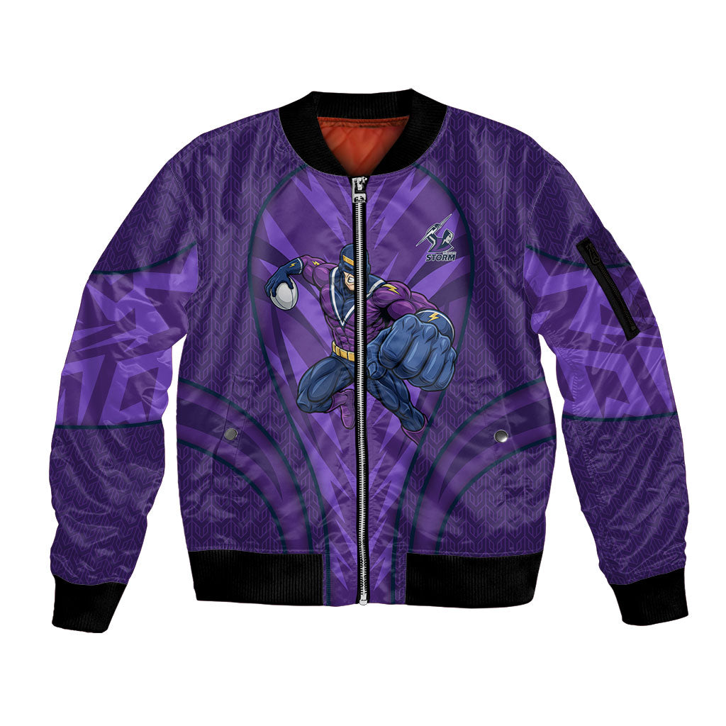 Melbourne Storm Rugby Mascot Sleeve Zip Bomber Jacket Australian Rugby Culture - Tribal Inspired Superhero