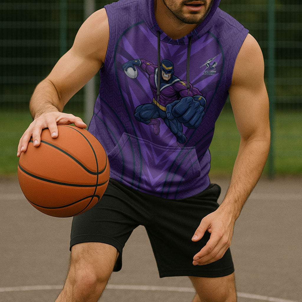 Melbourne Storm Rugby Mascot Sleeveless Hoodie Australian Rugby Culture - Tribal Inspired Superhero