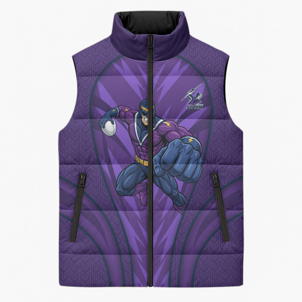 Melbourne Storm Rugby Mascot Sleeveless Puffer Jacket Australian Rugby Culture - Tribal Inspired Superhero
