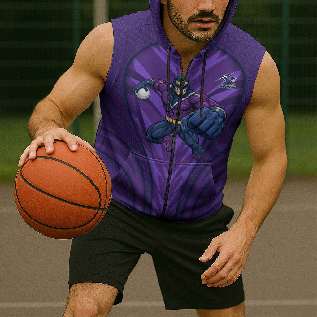 Melbourne Storm Rugby Mascot Sleeveless Zip Hoodie Australian Rugby Culture - Tribal Inspired Superhero