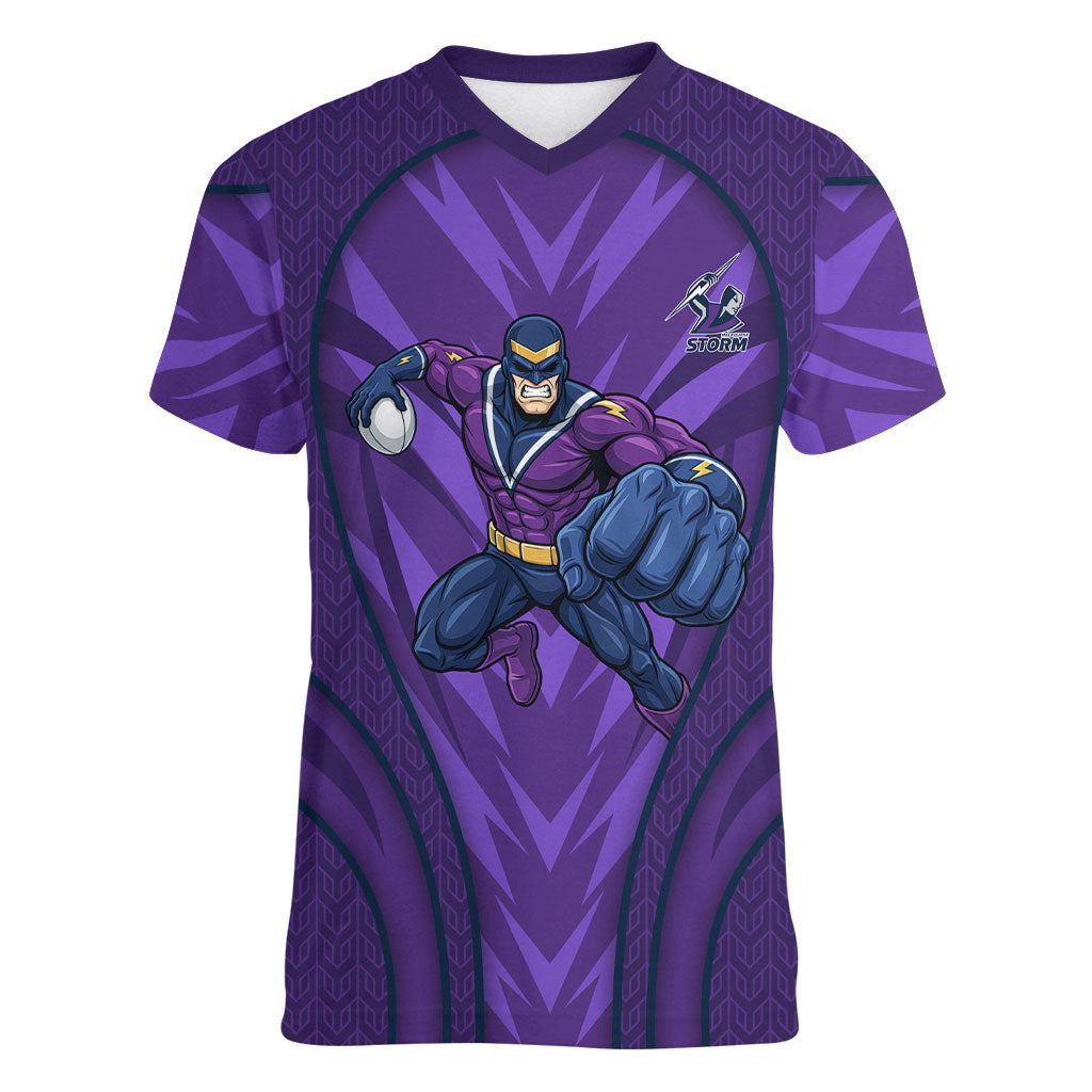 Melbourne Storm Rugby Mascot Women V-Neck T-Shirt Australian Rugby Culture - Tribal Inspired Superhero