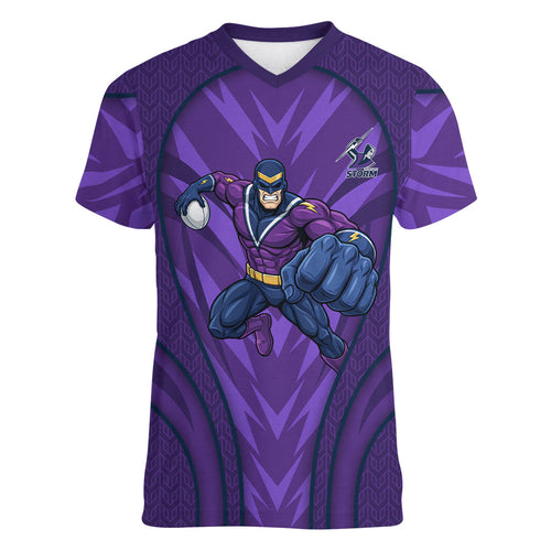 Melbourne Storm Rugby Mascot Women V-Neck T-Shirt Australian Rugby Culture - Tribal Inspired Superhero