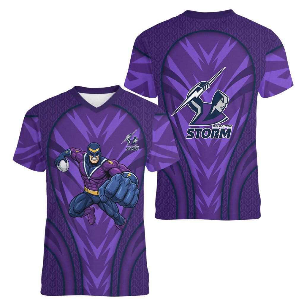 Melbourne Storm Rugby Mascot Women V-Neck T-Shirt Australian Rugby Culture - Tribal Inspired Superhero