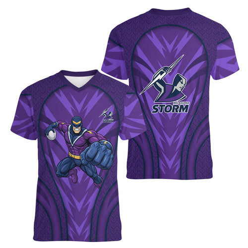 Melbourne Storm Rugby Mascot Women V-Neck T-Shirt Australian Rugby Culture - Tribal Inspired Superhero